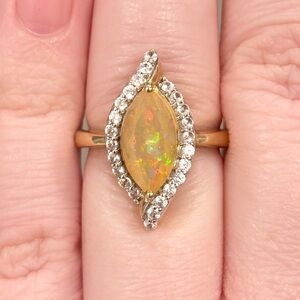 10K Ethiopian Fire Opal Ring, Large Yellow Marquis, White Zircon, Size 5.25